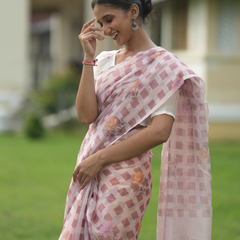 Blush Pink Buffalo Check Floral Bloom Linen Saree