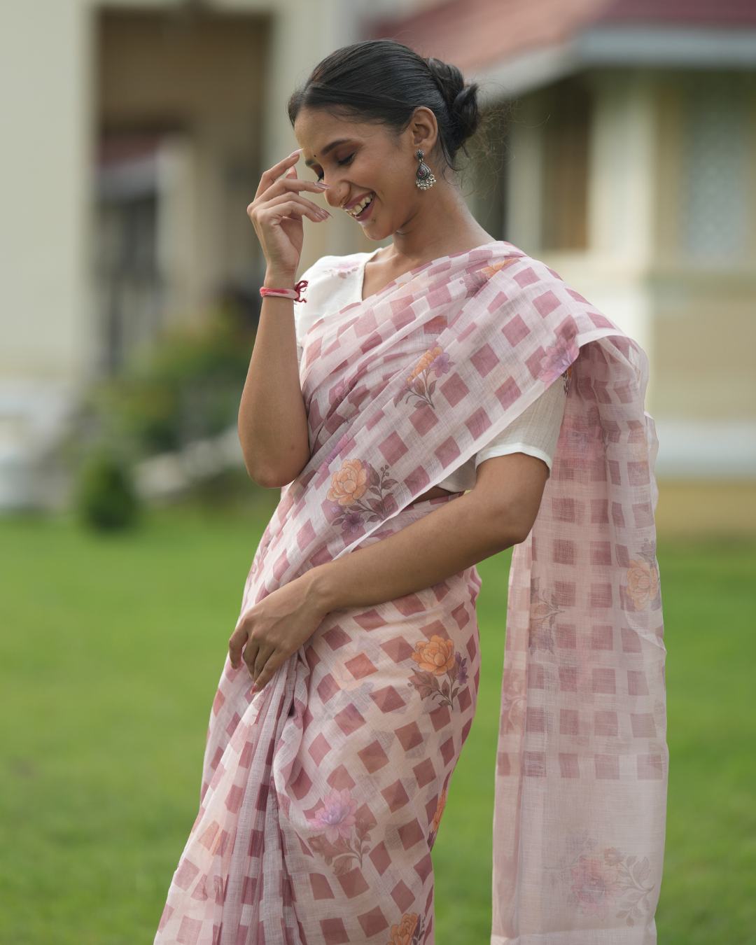 Blush Pink Buffalo Check Floral Bloom Linen Saree