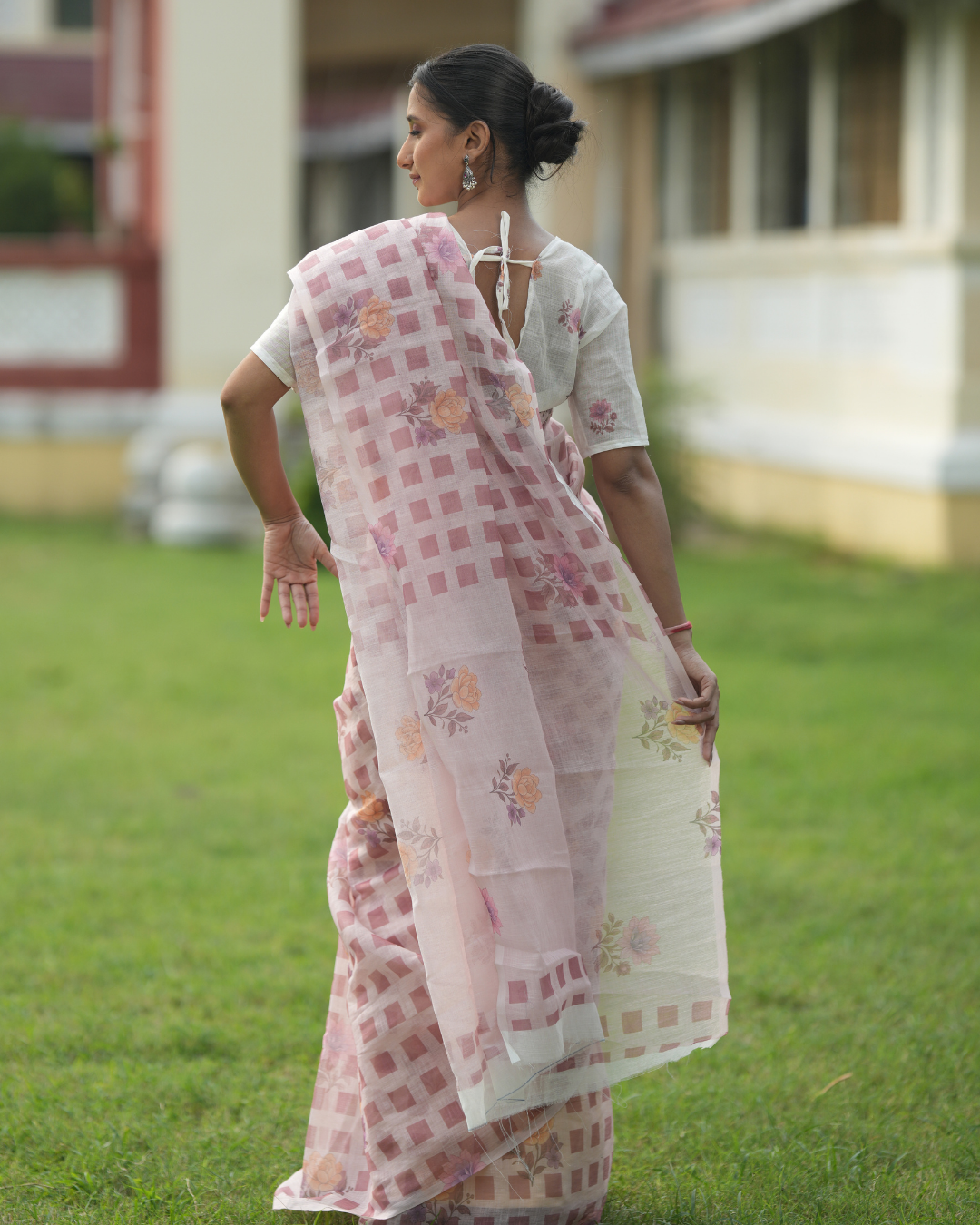 Blush Pink Buffalo Check Floral Bloom Linen Saree