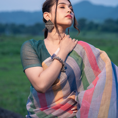 Multicolor Pastel Rainbow Striped Linen Saree