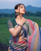 Multicolor Pastel Rainbow Striped Linen Saree