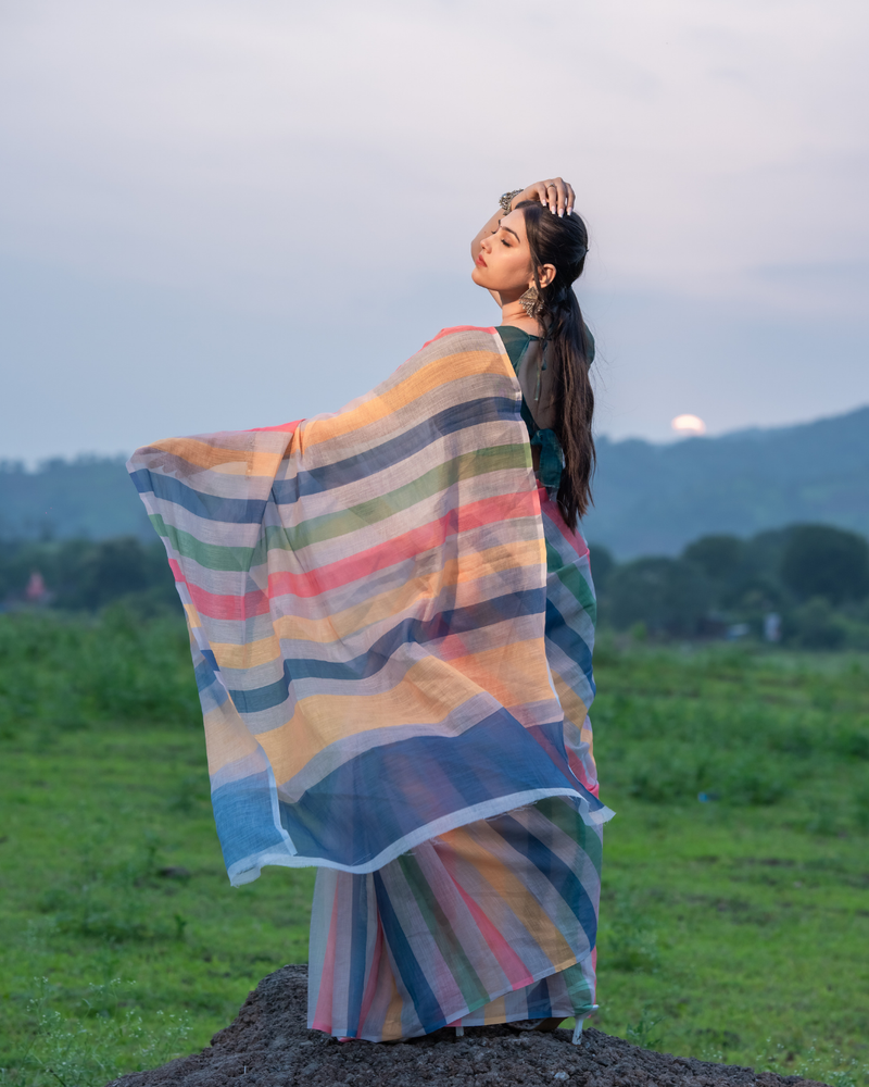 Multicolor Pastel Rainbow Striped Linen Saree