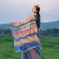 Multicolor Pastel Rainbow Striped Linen Saree