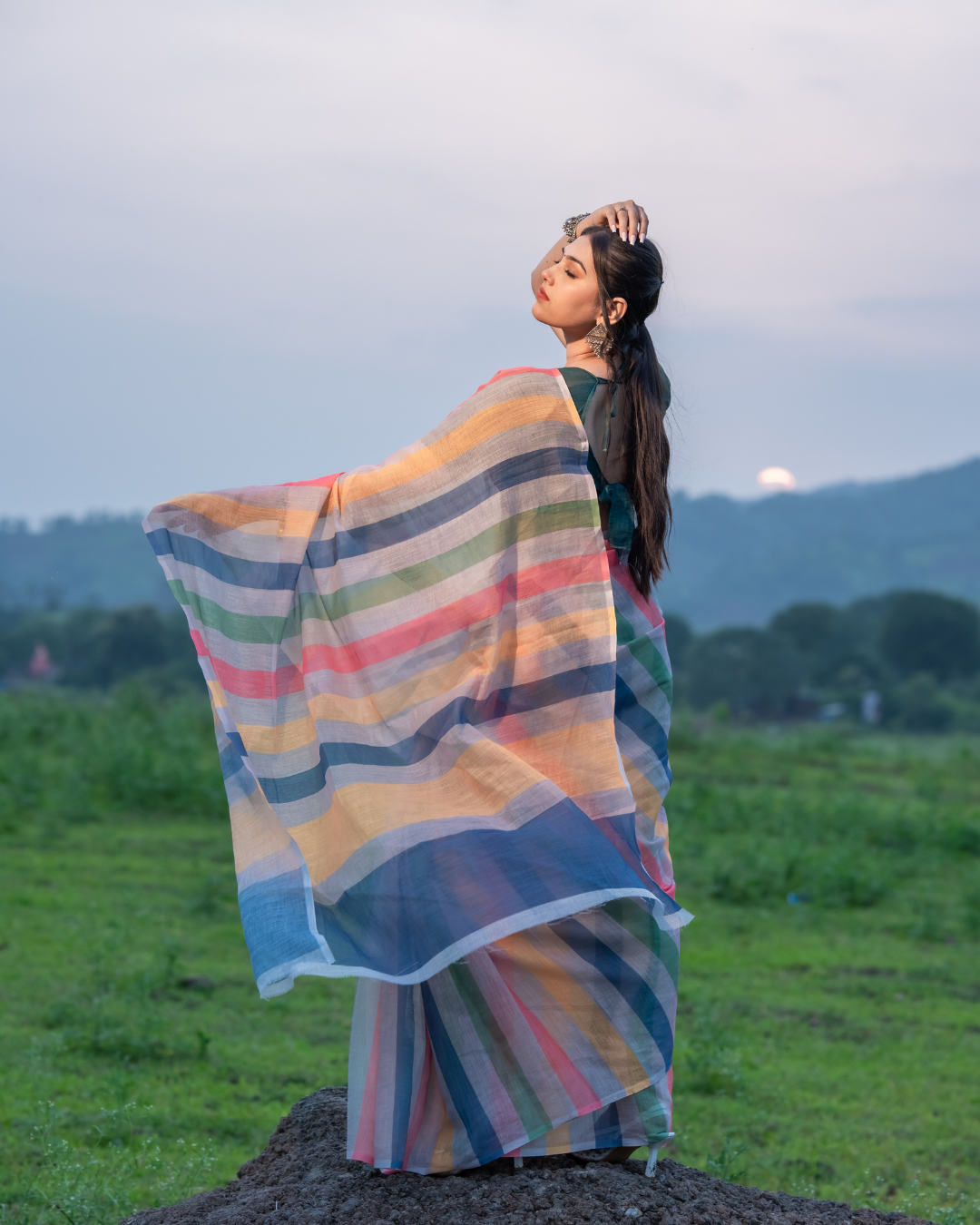 Multicolor Pastel Rainbow Striped Linen Saree
