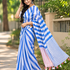 Cobalt Blue & White Bold Diagonal Striped Linen Saree