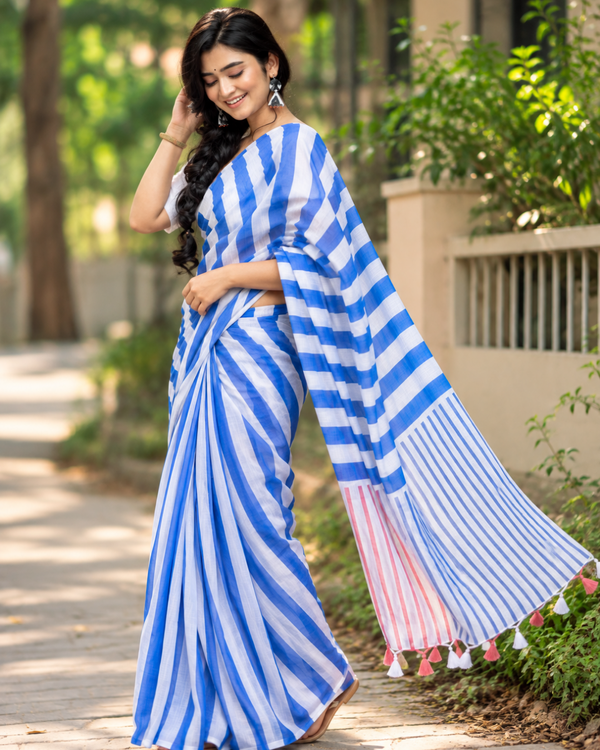 Cobalt Blue & White Bold Diagonal Striped Linen Saree