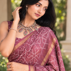Dusty Mauve Geometric Lattice Chanderi Saree