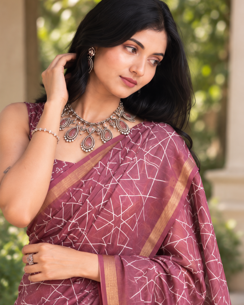 Dusty Mauve Geometric Lattice Chanderi Saree