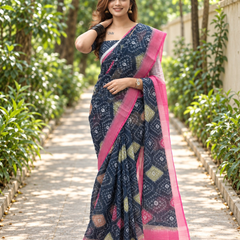 Midnight Bandhej Tile Print Chanderi Saree