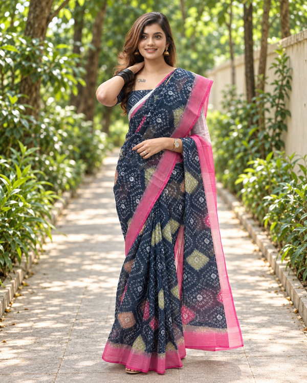 Midnight Bandhej Tile Print Chanderi Saree