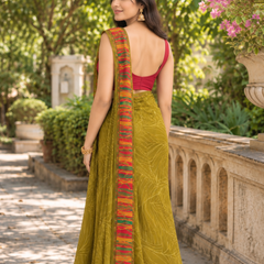 Olive Green Leaf Sketch Multicolor Border Saree