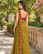Olive Green Leaf Sketch Multicolor Border Saree