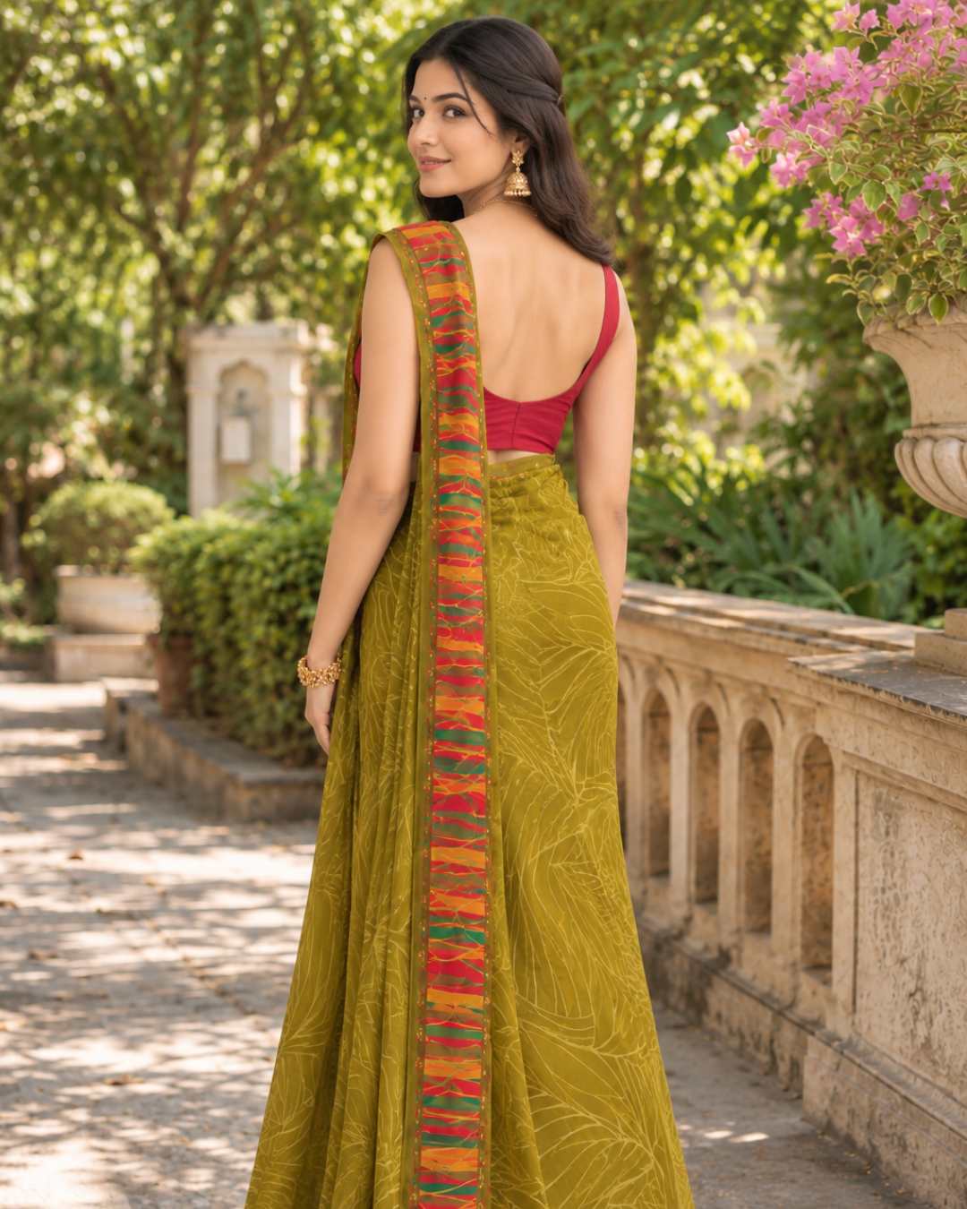 Olive Green Leaf Sketch Multicolor Border Saree