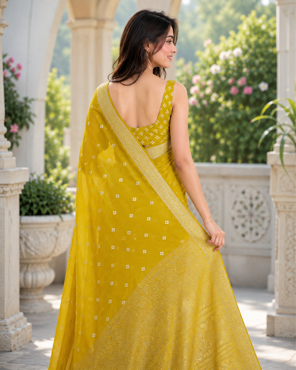 Bright Mustard Gold Bandhani Brocade Premium Silk Saree