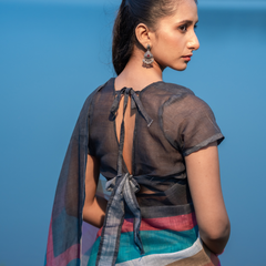 Charcoal Black & Teal Multi-Tone Striped Linen Saree