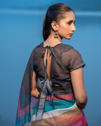 Charcoal Black & Teal Multi-Tone Striped Linen Saree
