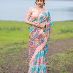 Turquoise Aqua & Peach Floral Geometric Linen Saree