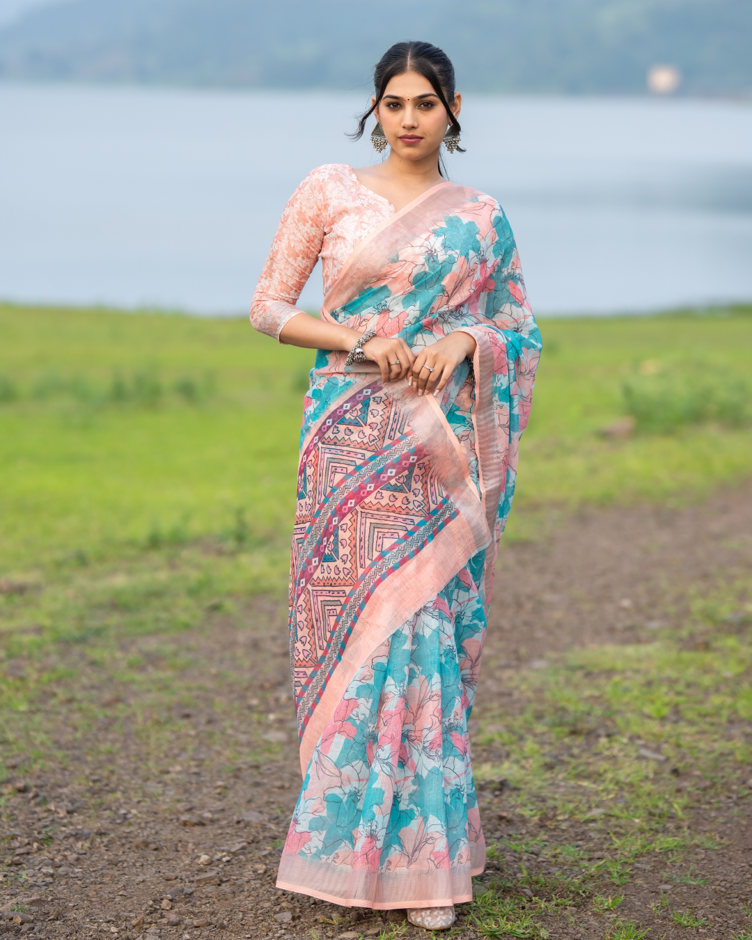 Turquoise Aqua & Peach Floral Geometric Linen Saree