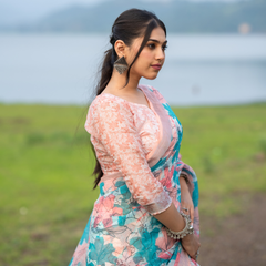 Turquoise Aqua & Peach Floral Geometric Linen Saree