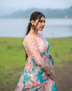 Turquoise Aqua & Peach Floral Geometric Linen Saree