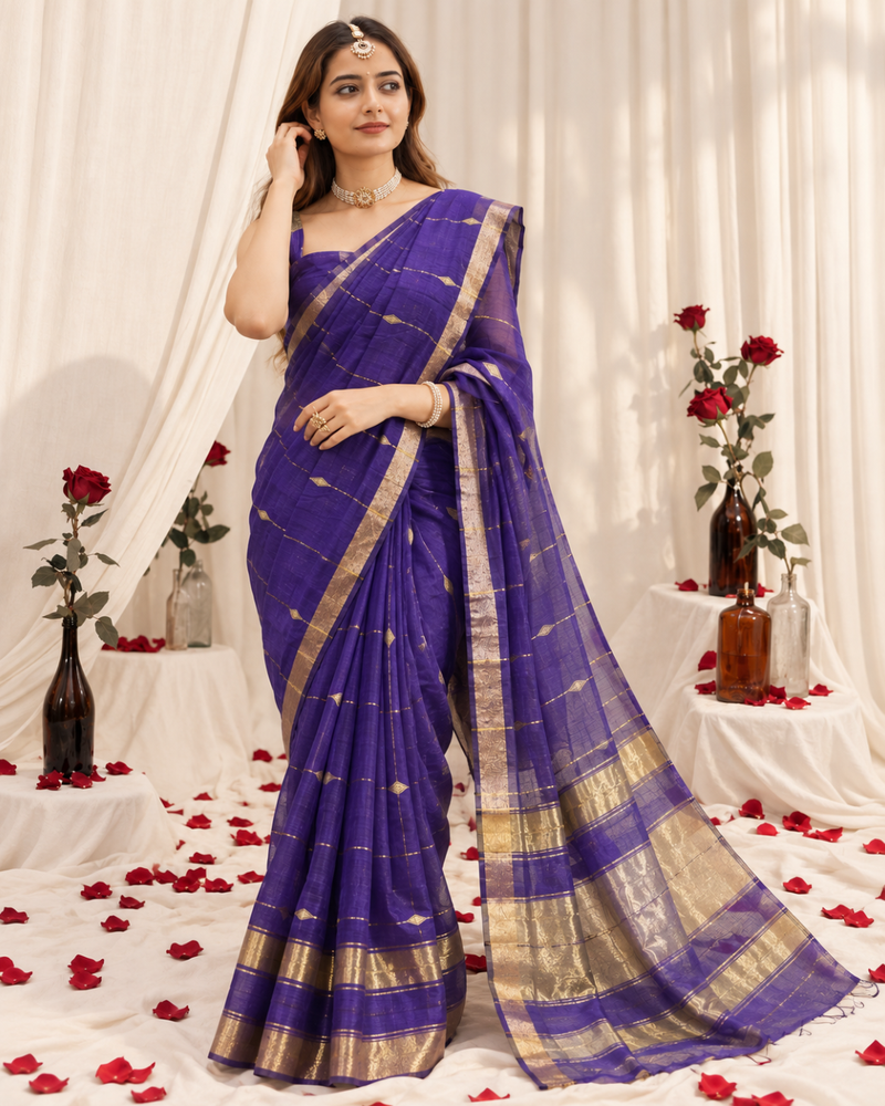 Royal Indigo Check Zari Banarasi Silk Saree