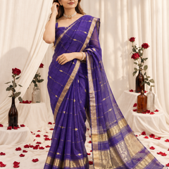 Royal Indigo Check Zari Banarasi Silk Saree