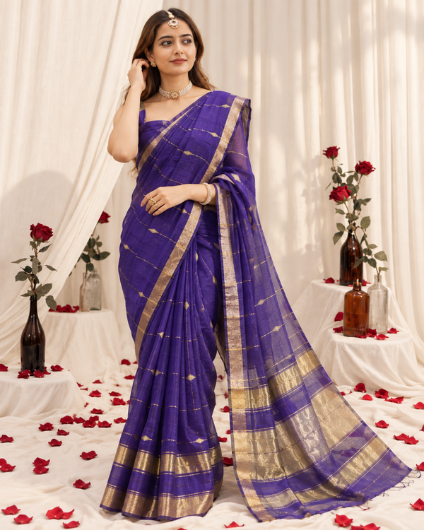 Royal Indigo Check Zari Banarasi Silk Saree