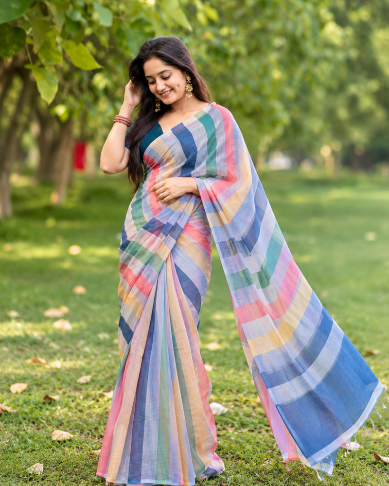 Multicolor Pastel Rainbow Striped Linen Saree