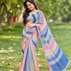 Multicolor Pastel Rainbow Striped Linen Saree
