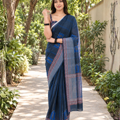 Indigo Tribal Check Grid Chanderi Saree