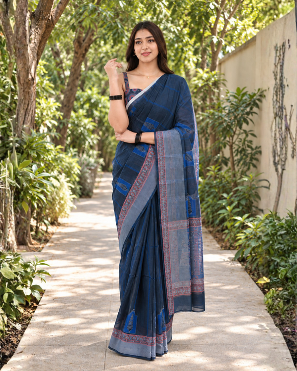 Indigo Tribal Check Grid Chanderi Saree