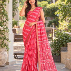 Coral Pink Palm Leaf Tribal Border Chanderi Saree