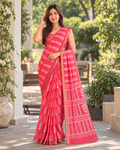 Coral Pink Palm Leaf Tribal Border Chanderi Saree