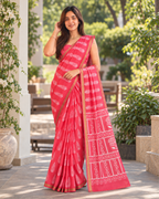 Coral Pink Palm Leaf Tribal Border Chanderi Saree