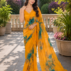 Marigold Yellow Rose Floral Watercolor Saree