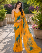 Marigold Yellow Rose Floral Watercolor Saree