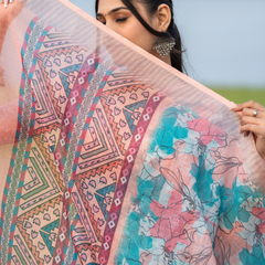 Turquoise Aqua & Peach Floral Geometric Linen Saree