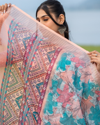 Turquoise Aqua & Peach Floral Geometric Linen Saree