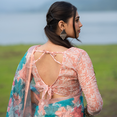 Turquoise Aqua & Peach Floral Geometric Linen Saree