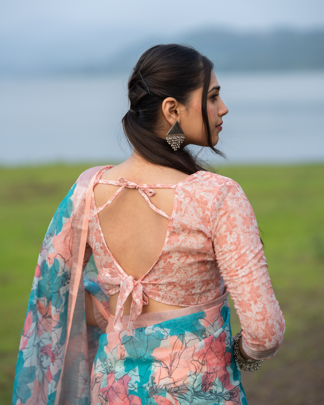 Turquoise Aqua & Peach Floral Geometric Linen Saree