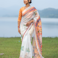Ivory White Pichwai Kamdhenu & Lotus Linen Saree