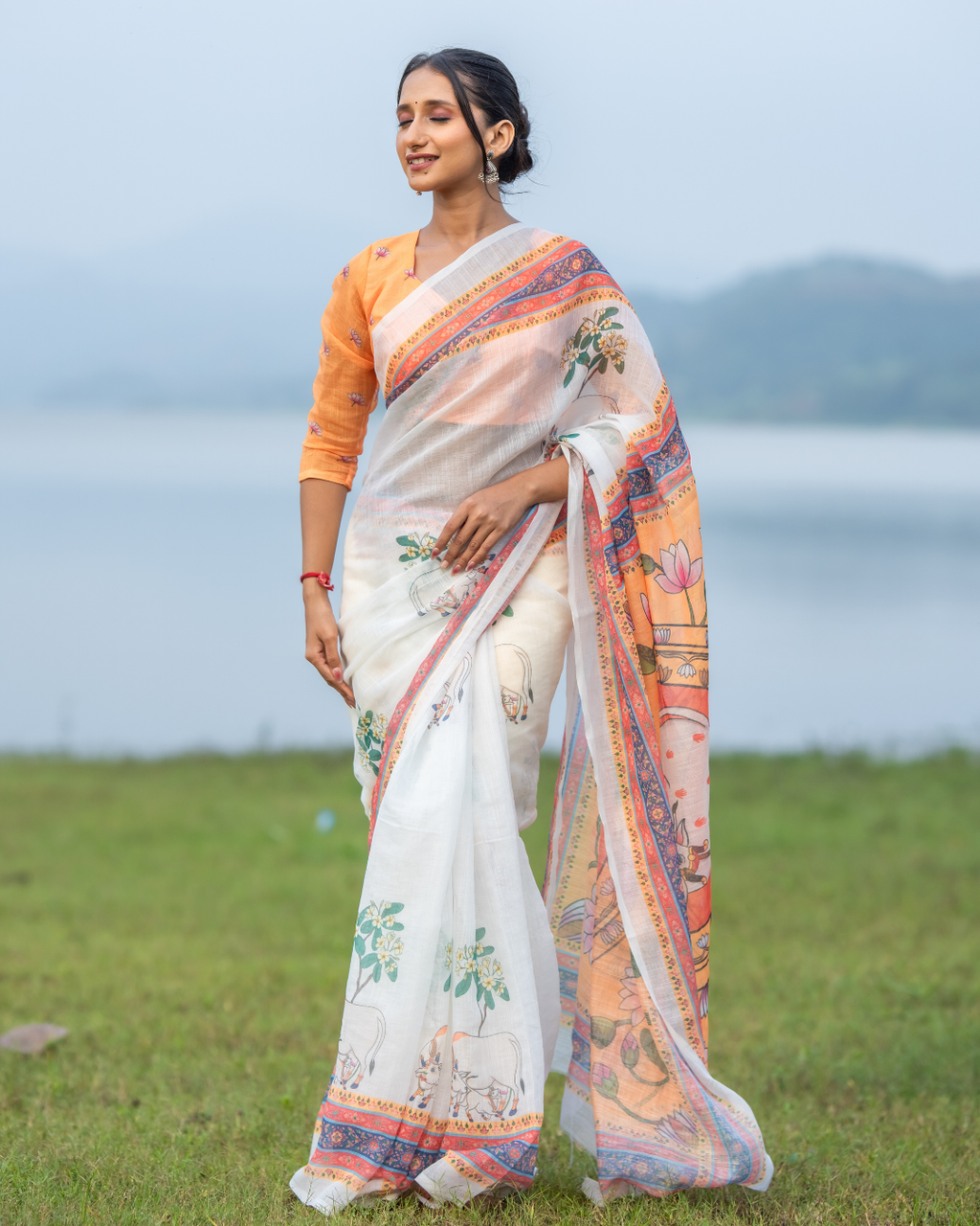 Ivory White Pichwai Kamdhenu & Lotus Linen Saree