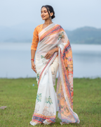 Ivory White Pichwai Kamdhenu & Lotus Linen Saree