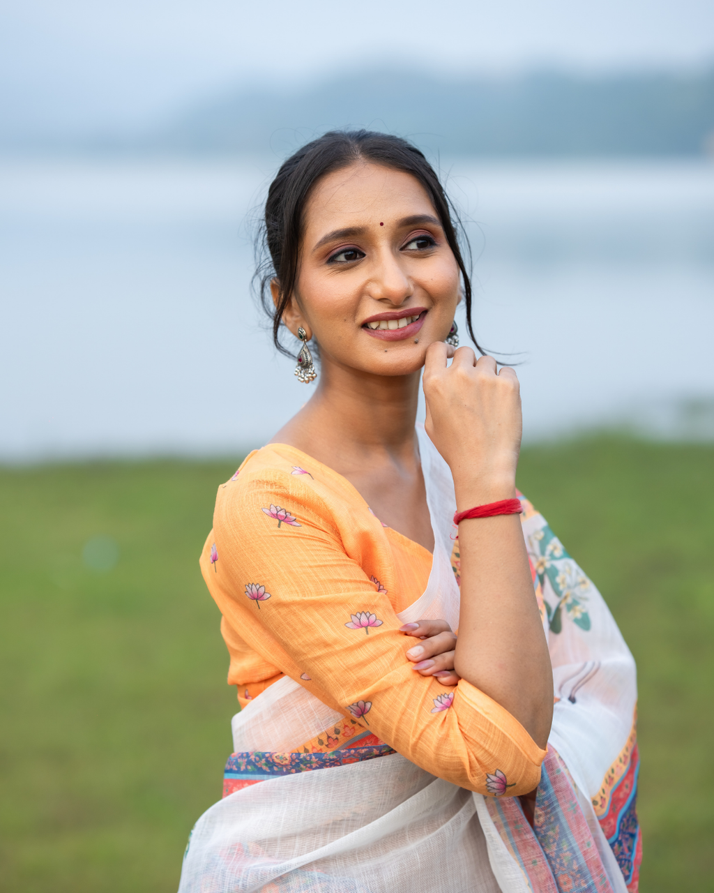 Ivory White Pichwai Kamdhenu & Lotus Linen Saree