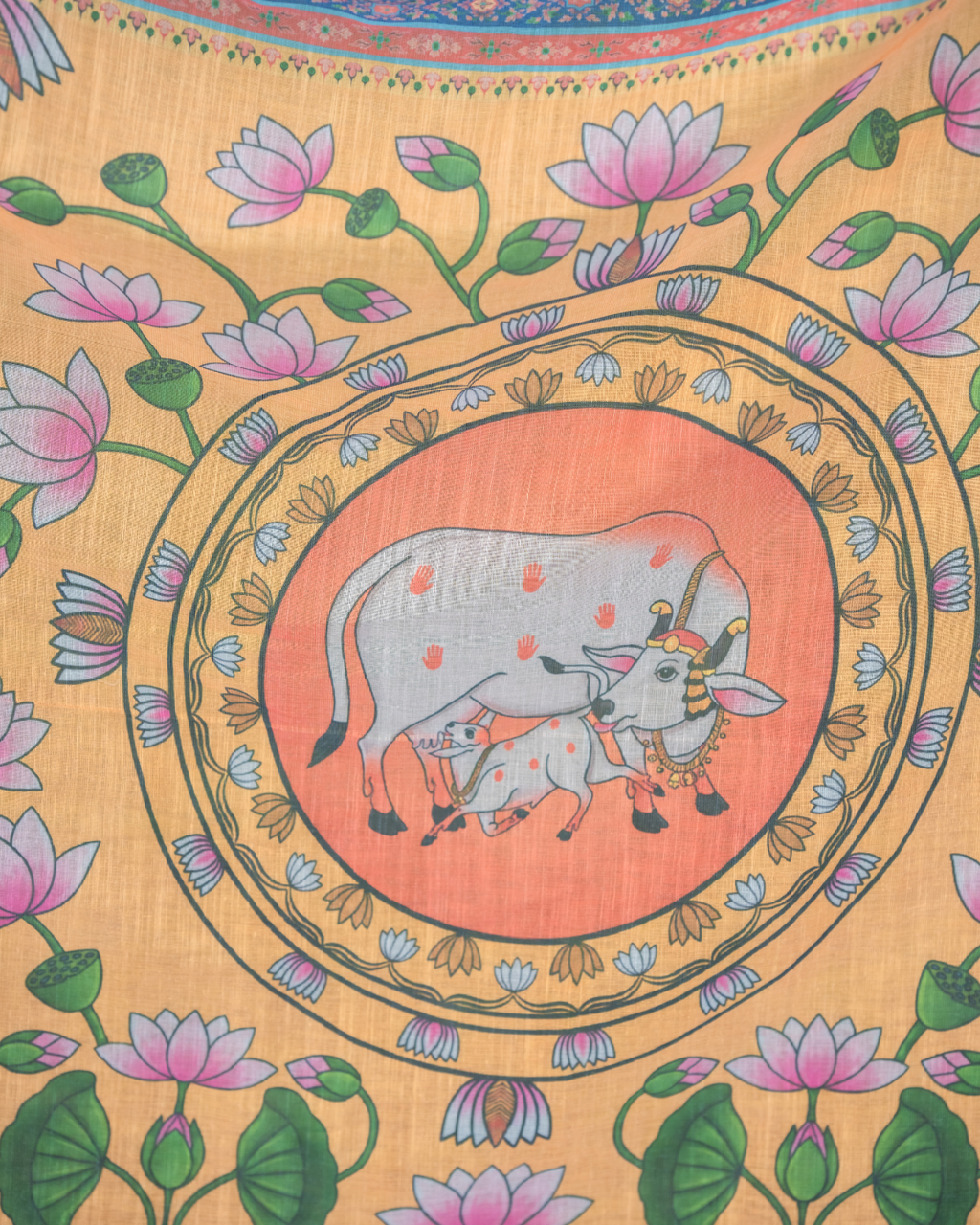 Ivory White Pichwai Kamdhenu & Lotus Linen Saree