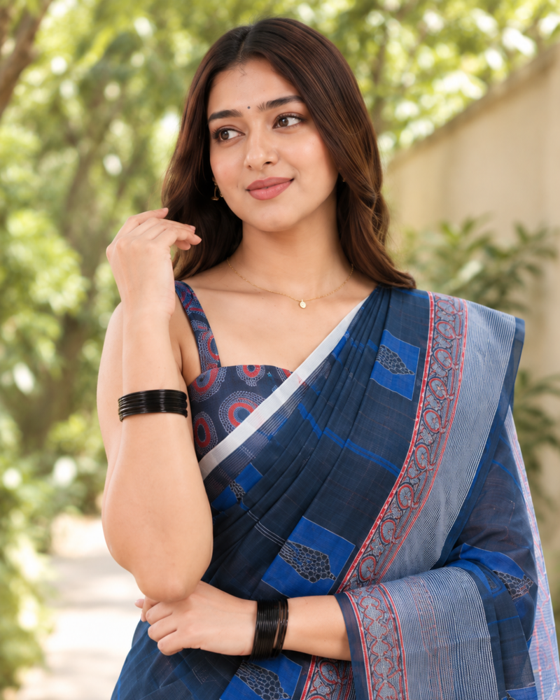 Indigo Tribal Check Grid Chanderi Saree