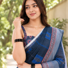 Indigo Tribal Check Grid Chanderi Saree