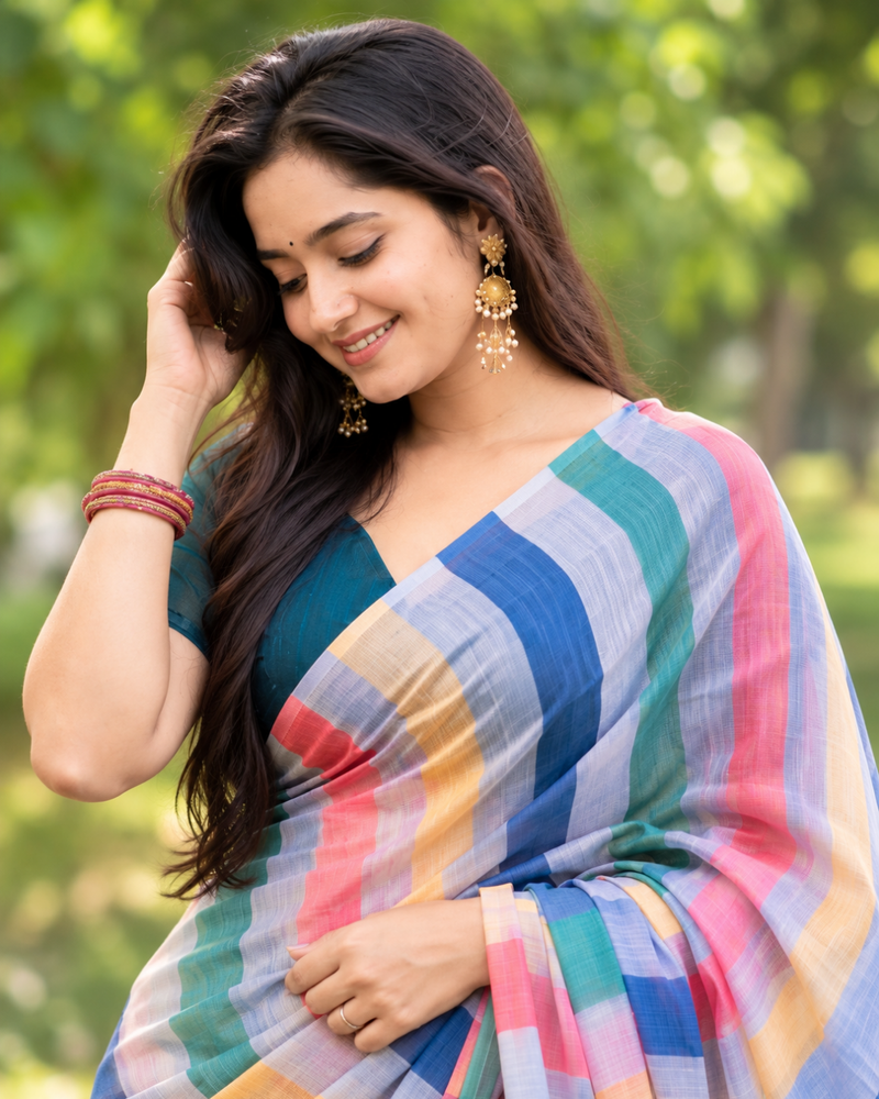 Multicolor Pastel Rainbow Striped Linen Saree