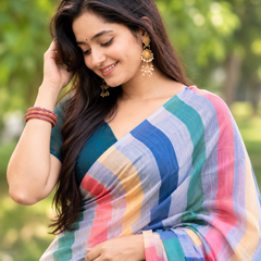Multicolor Pastel Rainbow Striped Linen Saree