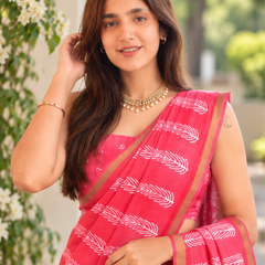 Coral Pink Palm Leaf Tribal Border Chanderi Saree